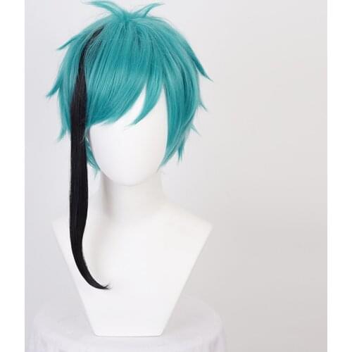 Twisted-Wonderland Floyd Jade Black Blue Mixed Short Cosplay Heat Resistant Synthetic Hair Carnival Halloween + Free Wig Cap