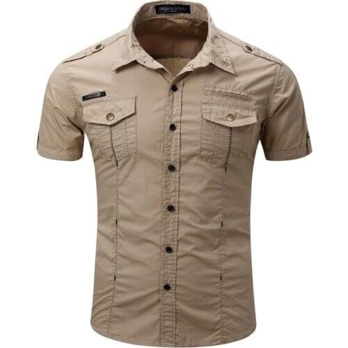 High quality Mens Cargo Shirt Men Casual Shirt Solid Short Sleeve Shirts Work Shirt with Wash Standard US Size 100% Cotton