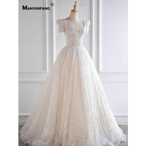 High-End Pearls Square Collar Embroidery Appliques Tulle Bridal Ball Gown 2021 Hot Sale Puff Sleeve Court Train Wedding Dress