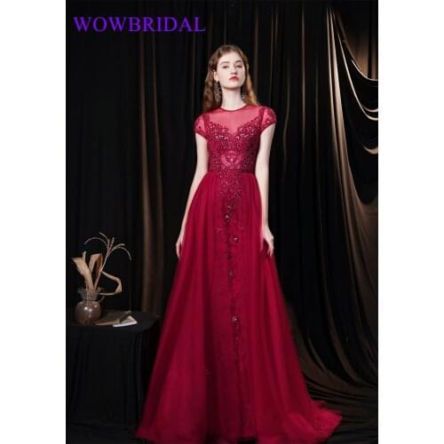 Wowbrial 2021 Elegant Beaded Floor Length Tulle Coral Lace Appliqued Dubai Evening Dresses with Long Sleeve