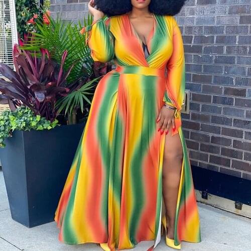 Plus Size Womens 2021 Summer New Style European And American Style Printing Split Long-sleeved V-neck Casual African High-waist