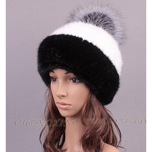 CX-C-221B Casual Women Striped Knitted Genuine Mink Fur Hat
