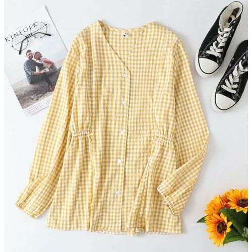 Plus size Slim waist V neck Plaid cotton women shirts 2021 new spring autumn casual ladies Cardigan shirt blouse female tops