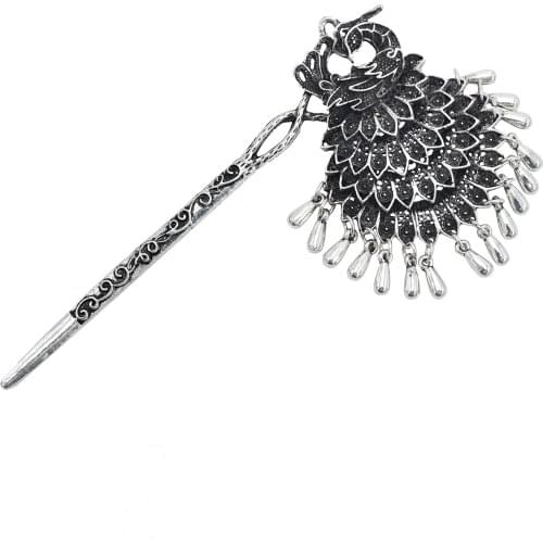 Vintage Oxidized Silver Color Metal Hair Sticks for Women Boho Peacock Bells Tassel Hairpins BrIdal Headpiece Party Hair Jewelry