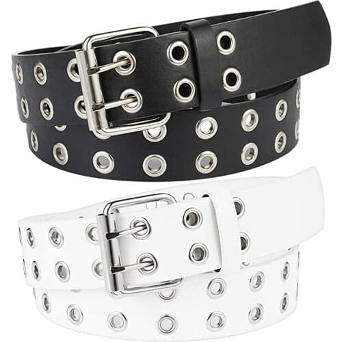2pcs New Women Belt Punk Style Double Exhaust Eye Korean Jeans Fashion Chain Decoration Pu Artificial Leather Black+white #T1P
