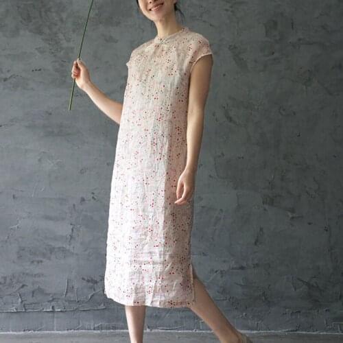 Johnature Loose Comfortable Retro Print Stand Button Sleeveless Fashion Slit Dresses 2021 Summer New Simple Leisure Women Dress