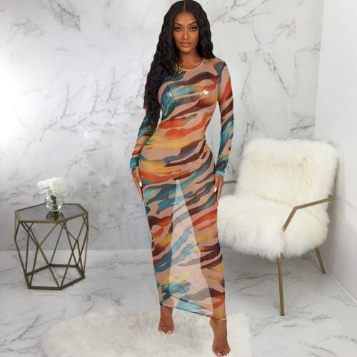 RMSFE 2021 Womens Long Sleeve Round Neck Sexy Fashion Nightclub High Elastic Screen Printed Dress