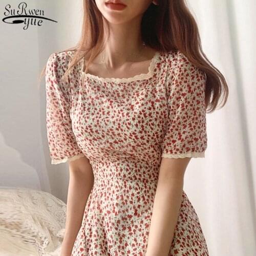 Summer Dress Women Floral Print Elegant Dress Square Collar Dress for Women Sweet Vintage High Waist Long Dress Vestidos 14391