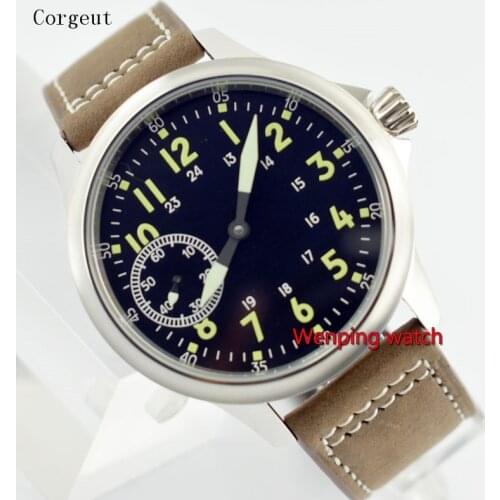 45mm Corgeut Sterile Montre homme Sea gull 6497 hand winding movement Brown Leather Strap Mens Watch W2537