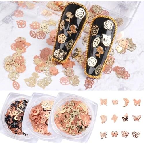 120Pcs/Box Nail Glitter Mix Xmas Halloween Pop Fashion 3D Hollow Metal Thin Sequins DIY Nail Art Slice Decorations Accessories