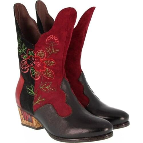 Retro Bohemian Boots Women Spring Autumn Cow Leather Motorcycle Boots Chunky 3-5CM Thick High Heel printing Ankle Woman Shoes