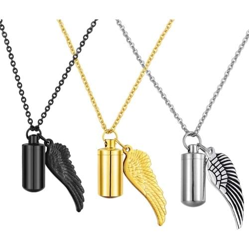 Stainless Steel Holder Cylinder Ashes Urn Pendant Jewelry with Angel Wing Cremation Memorial Necklace