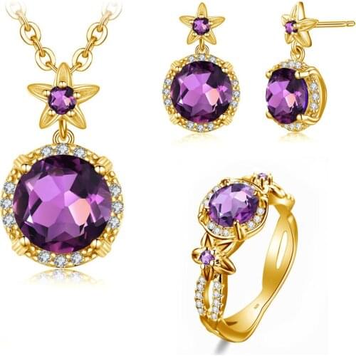 18K Yellow Gold 925 Silver Jewelry Set for Women Amethyst Cubic Zirconia Pendants Earrings Ring Set Luxury Fine Jewellry 2020