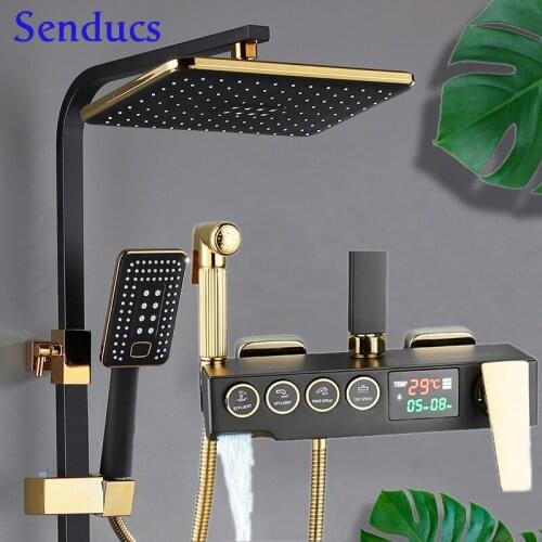 Matte Black Shower Set Quality Brass Waterfall Bathroom Mixer Faucets Round Button Hot Cold Thermostatic Digital Shower Set