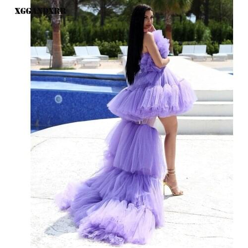 In Fashion High/Low Prom Dress 2022 Tulle Ruched Tiered Long Skirt Purple Sleeveless Evening Dress Sweep Train Plus Size