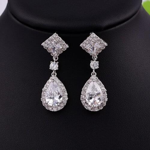 Fashion Square Water Drop Cubic Zircon Dangle Earrings For Women Allergy Prevent White Gold Plating Girlfriend Gift CZE-9007