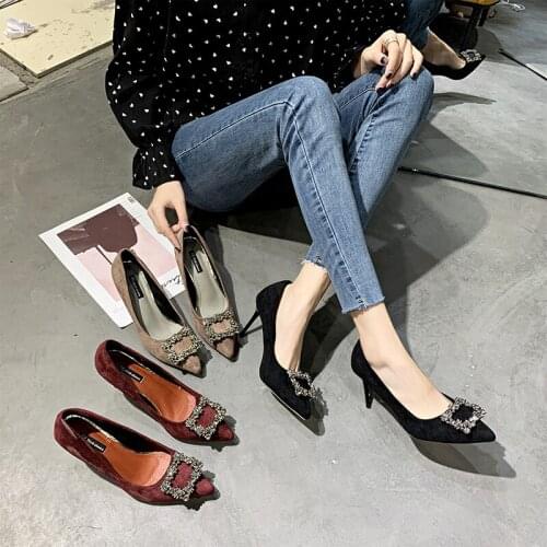 Fashion Womens High Heel Pointed New Womens Shoes Rhinestone Wild Frosted Leather Pumps Thin Heels Womens Office Shoes W37-34