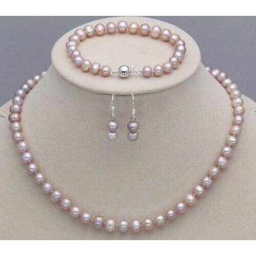 7-8mm Natural Freshwater purple Pearl Necklace Bracelet Earrings Jewelry Set