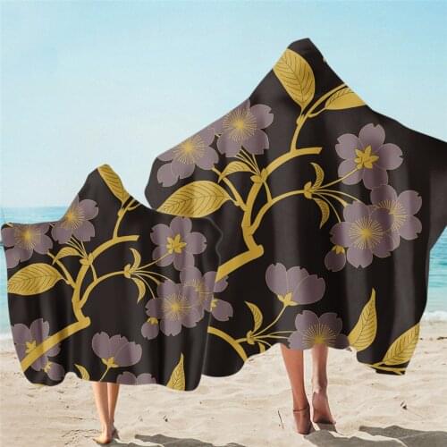 Parent-child Microfiber Beach Poncho Towel With Hooded Dark Background Floral Wearable Bath Towels Soft Quick Drying Blanket