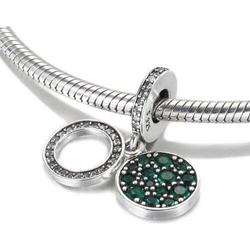 Authentic S925 Dangle Bead Green Disc Double Pendant Charm for Women Bracelet Bangle DIY Jewelry
