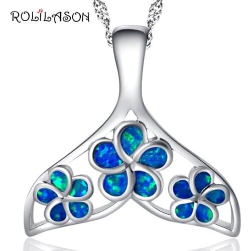 ROLILASON Fish tail Blue Fire Opal Silver Stamped 925 flower Necklace Pendants for girlfriend dinner gift OP756