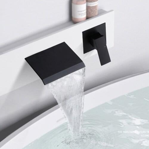 Luxury Matte Black Bathroom Sink Faucet Two Holes Cold and Hot Basin Faucet Wall-Mounted All Brass Waterfall Bathtub Tap