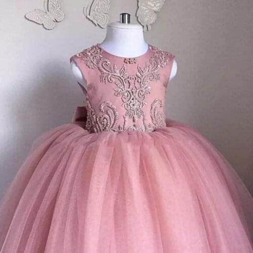 Pink Flower Girl Dress Sleeveless Lace Applique Girls Pageant Tulle Dresses First Hioly Communion Party Dresses