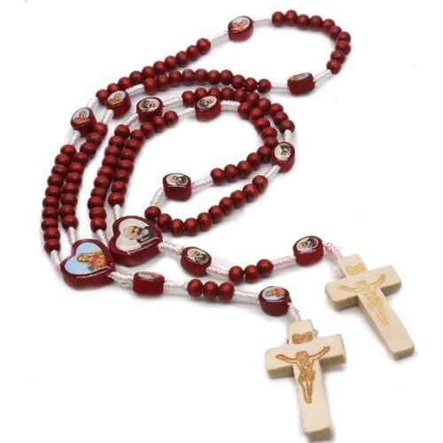 Handmade Redwood Beads Rosary Necklace Cross Religious Catholic Jewelry Hand Hold Rosary For Women Man
