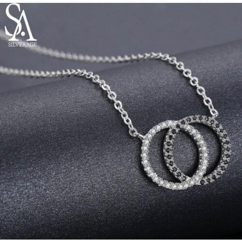 SA SILVERAGE Real 925 Sterling Silver Double Round Circle Pendant Necklaces 925 Silver AAA Zircon Necklaces Black/White Stone