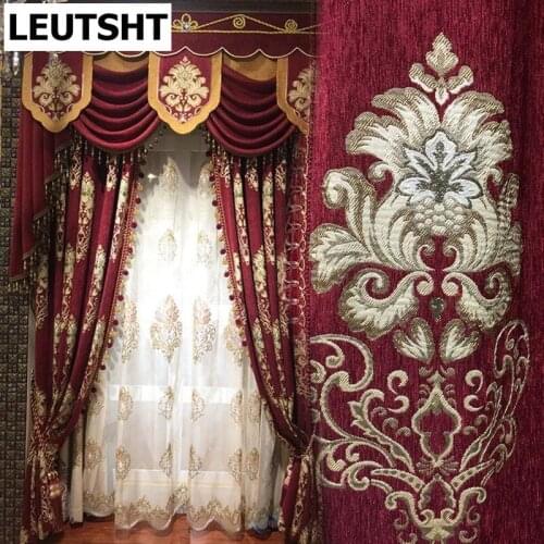 European Style Curtains for Living Dining Room Bedroom High-end Chenille Embroidered Curtains Finished Product Customization