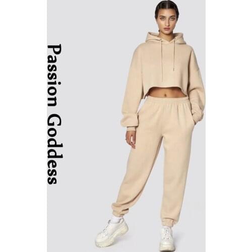 Casual Women 100% Cotton 2 Piece Tracksuit Solid Color Sweatsets Hoodies Sweatshirts Drawstring Sweatpants Jogger Two Piece Sets