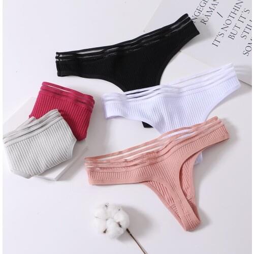 3PCS Sexy G-String Womens Panties Womens Cotton Hollow Striped Low-rise Thong Lingerie Ladies Panties Cotton Underwear
