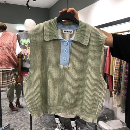 Autumn Vest Sweater Women Turn Down Collar Sleeveless Knitted Sweater Pullovers Buttons Green Outwear Loose Vintage Jumper X309