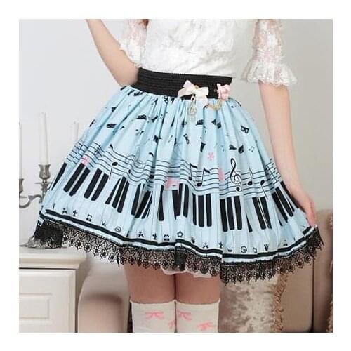 Piano Keyboard Printed Skirts Women Sky Blue Sweet A-Line Lolita Super Cute Girl Teen Horpsichord Pleated Lace Cat Bottoms