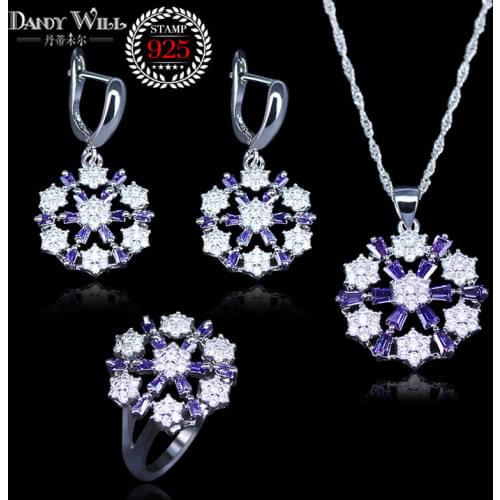 Silver color Jewelry Purple Zircon White Crystal Snowflake Jewelry Sets For Women Earring/Pendant/Necklace/Ring