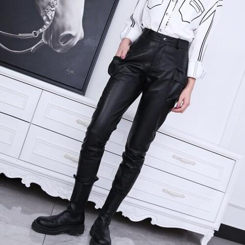 Factory New Arrival Women Fashion Genuine Long Leather Pants, Pencil Pants