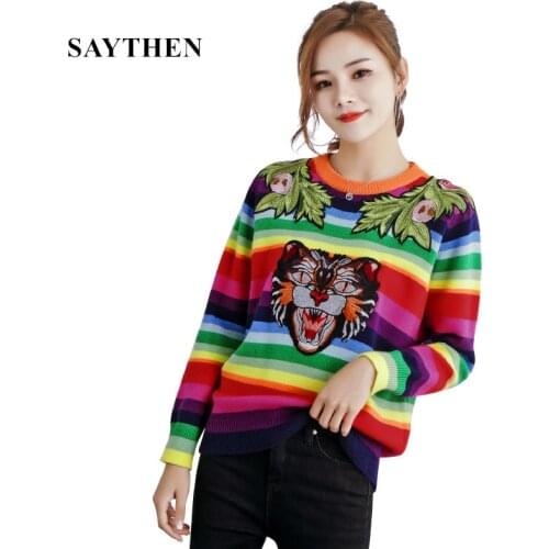 SAYTHEN Women Rainbow Striped Runway Floral Embroidery Tiger Wool Pullovers Knitted Sweaters Letters Pull Femme Tops