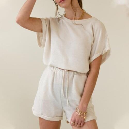 2021 Causal Summer Lounge Wear Women Tracksuit Shorts Set Loose Short Sleeve T Shirt Tops And Mini Shorts Two Piece Set Linen