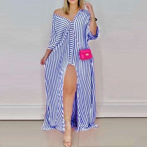 2021 Autumn Striped Leopard Print Shirt Maxi Dress Women Casual Button V Neck Long Sleeve Split Elegant Party Beach Dresses Robe
