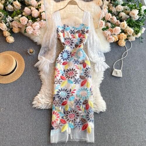Women Luxury Embroidery Mesh Dress High Quality White Elegant Wedding Party Robe Female Puff Sleeve Lace Patchwork Long Dress
