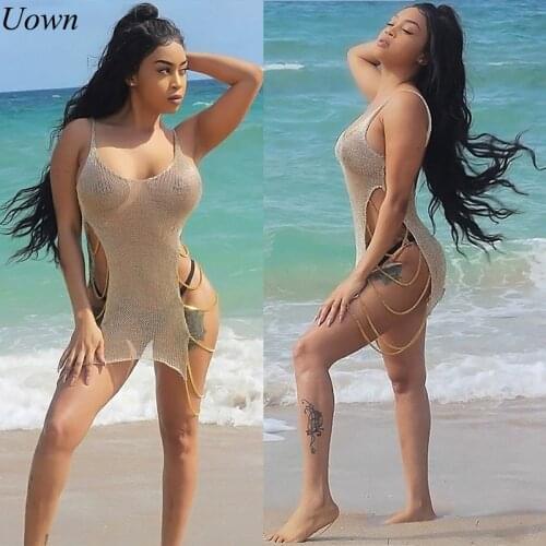 Shiny Summer Women Beach Dress Backless Sexy Gold Iron Chain Cutout Hollow Out Crochet Bodycon Mini Dresses Vestidos Beach Wear