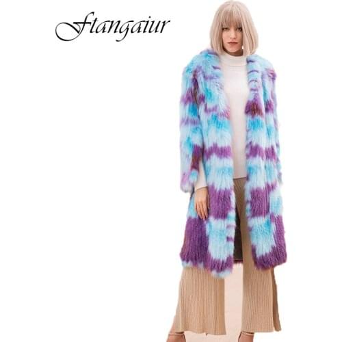 Ftangaiur 2019 Winter Imported Fox Fur Coats V-Neck Contrast Color Fox Fur Coat Loss Light Women X-LongNatural Fur Fox Fur Coats