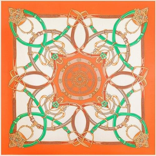 130 * 130 100% Silk Square Scarf New Designer Kerchief Horse Belt Women Scarves&Wraps Spain Chain Pattern Lady Foulard Accessory