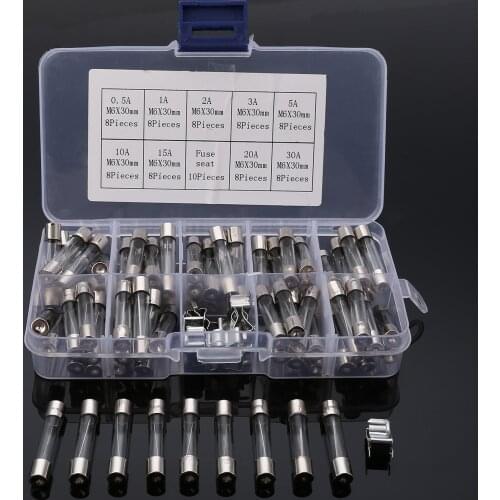 72pcs Electrical Fast Quick Blow Clear Glass Tube Fuse with Fuse Holder Assortment Kit 0.5A/1A/2A/3A/5A/10A/15A/20A/30A