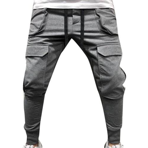 Casual Pants Sporty Men Solid Color Drawstring Multi-pockets Cargo Pants Ankle Tie Trousers