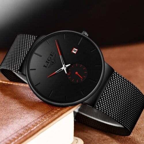 Relogio Masculino LIGE Mens Watches Top Brand Luxury Quartz Watch Men Fashion Red Pointer Mesh Steel Date Waterproof Sport Watch
