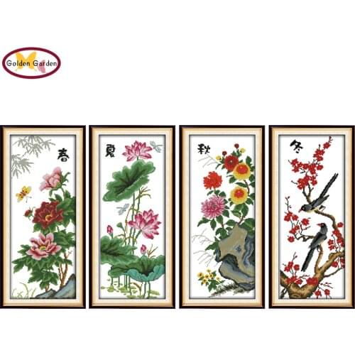 GG Four Season Flowers Stamped Cross Stitch Patterns DIY Kits Needlework Embroidery Sets Joy Sunday Cross Stitch for Home Decor