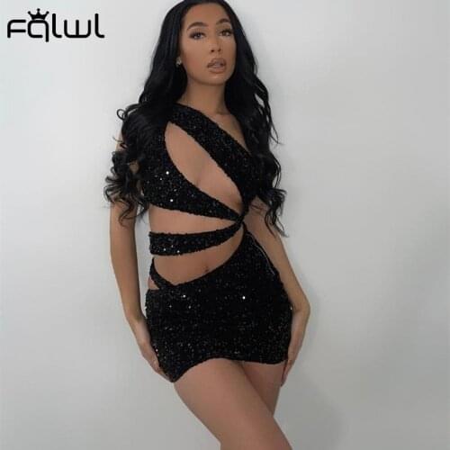 FQLWL Summer Streetwear Dresses For Women 2021 One Shoulder Hollow Out Dresses Female Fashion Black Casual Bodycon Mini Dress