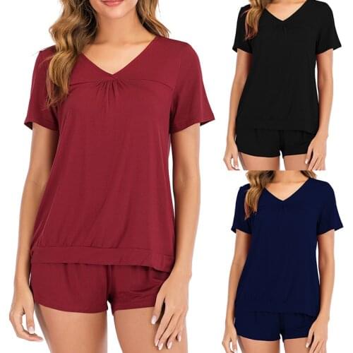 Summer Casual Women Pijamas Shorts 2 Pieces Set V Neck Short Sleeve Top + Mini Pants Modal Sleepwear Lingerie Set Home Clothes