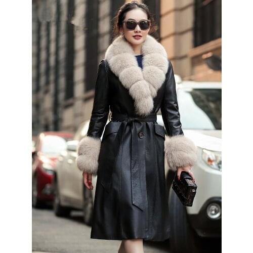 Cow Real Leather Jacket Winter Coat Women Real Fox Fur Collar Down Jacket Women Long Trench Coat Chaqueta Mujer 19D08-21